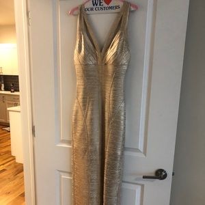 Herve Leger floor length gold gown